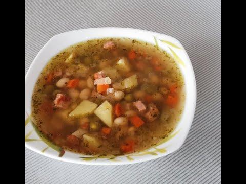 Овощной суп с ветчиной, зеленым горошком и белой фасолью. Суп с ветчиной. Овощной суп с фасолью.