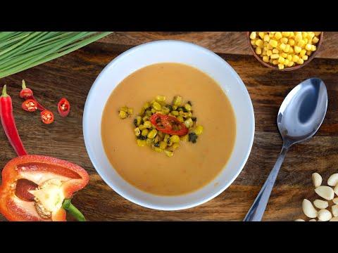 Суп-пюре из красного перца с пряной сладкой кукурузой [Острый, пряный суп]
