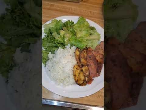 White Rice, sweet plantains with boneless pork chops ans salad.
