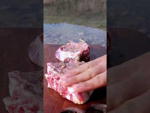 Steak on the stone by the lake