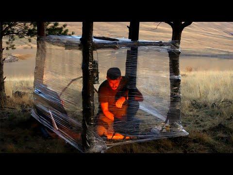 Amazing Bushcraft Tent made from Stretch Film | Building Shelter | Bushcraft Cooking